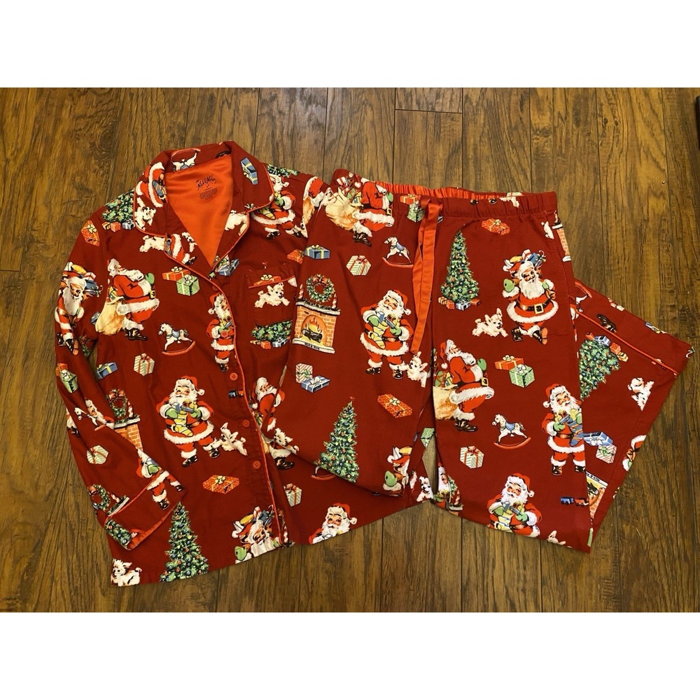 Nick and Nora Womens Size Medium Red Flannel Christmas Retro Santa Pajamas Vtg